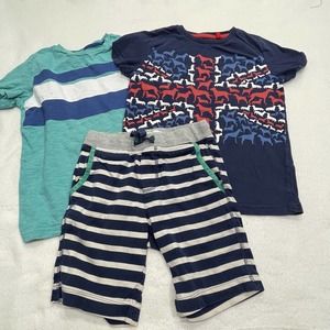Mini Boden Boys Short Sleeves Shirt LOT Sz 6-7Y Blue Dogs Green Stripe shorts